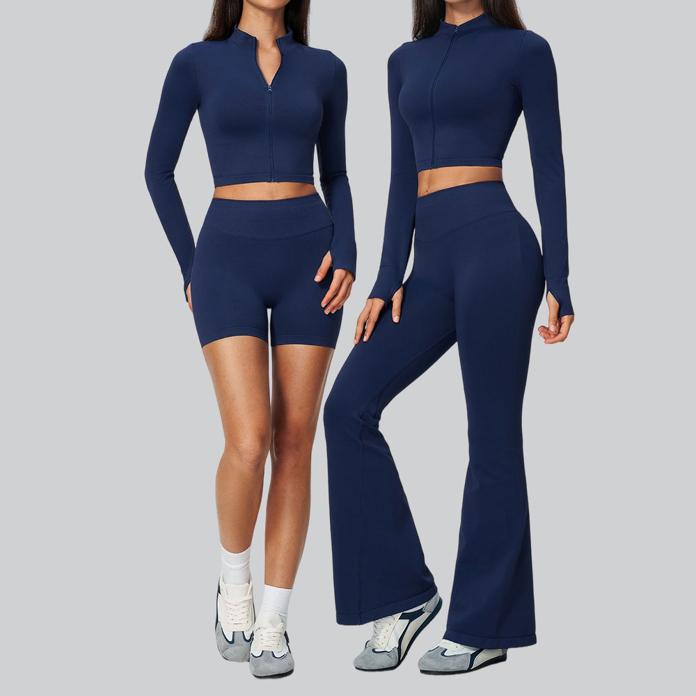 Compression Long Pant - Nahtloser Damen-Trainingsanzug, Yoga-Set, 2-teilig, Reißverschluss, Daumenloch,