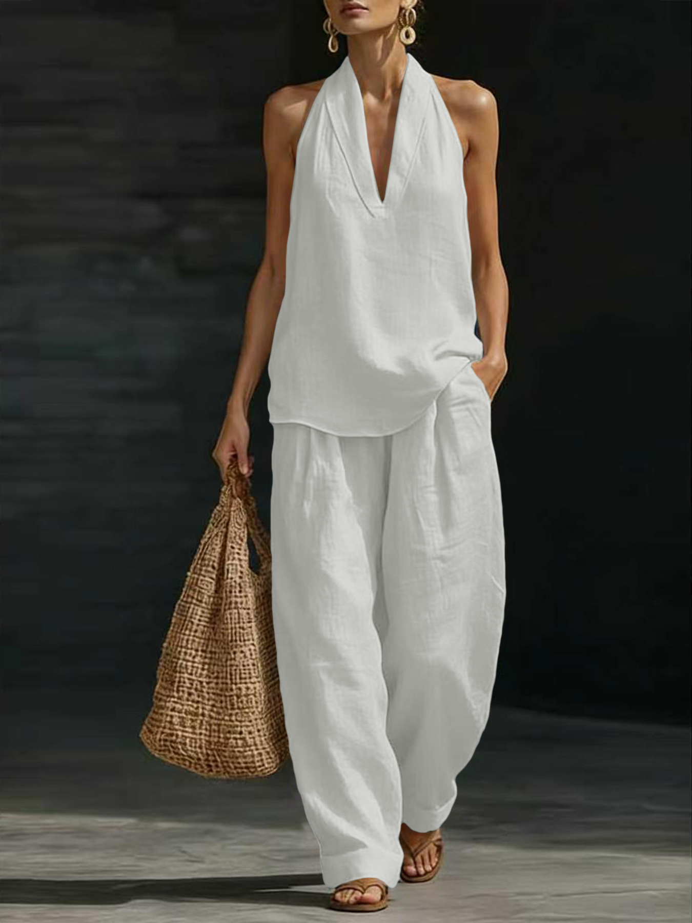 Suspender Tank Top - Damen Leinen 2-Teiliges Outfit Neckholder V-Ausschnitt