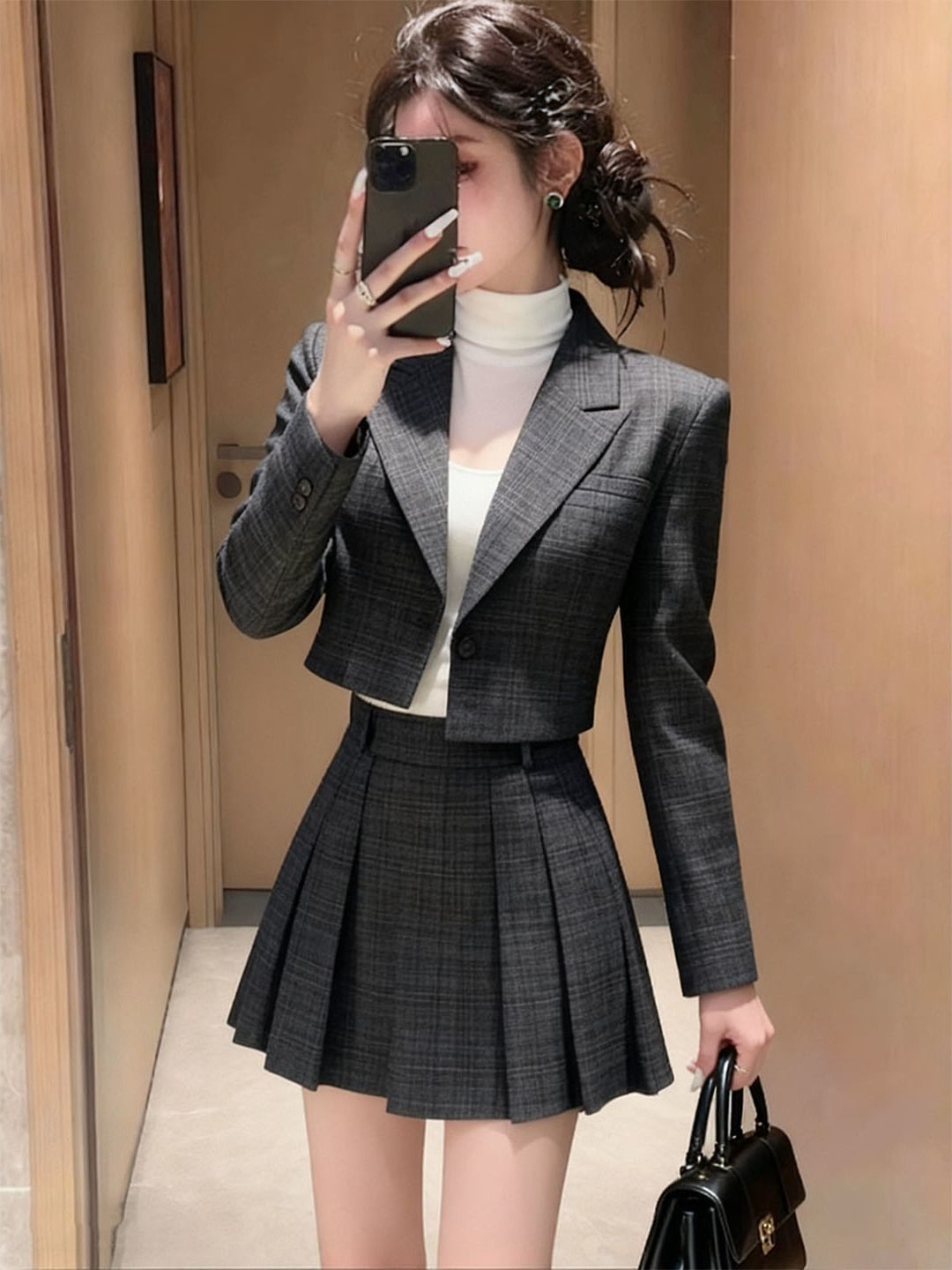 Thermal Long John - Herbst-Winter-Set mit kariertem Blazer und Rock,